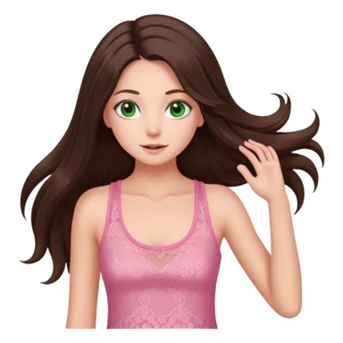 super long haired brunette with middle part cute pink lacy tank white but tan green eyes doing a hairflip sticker