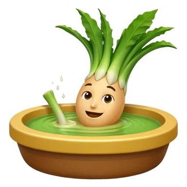 Create a 3D emoji of a relaxed leek in a jacuzzi filled with a slightly lumpy, yellowish-brown sauce sticker