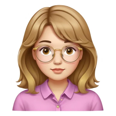 young adult woman with light skin, round face, prominent cheeks, medium plump body, long light brown hair with golden highlights, voluminous and wavy, long bangs over eyebrows, large octagonal glasses with thin golden or light pink frame, casual dark shirt sticker