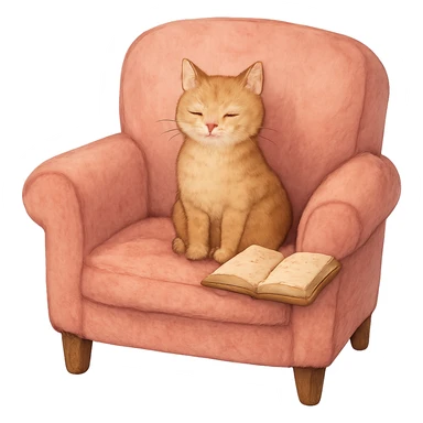 pink armchair with a cat and a book, warm and inviting sticker