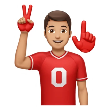 A cheerful man in a team jersey, waving a giant red foam finger high with an excited grin. sticker