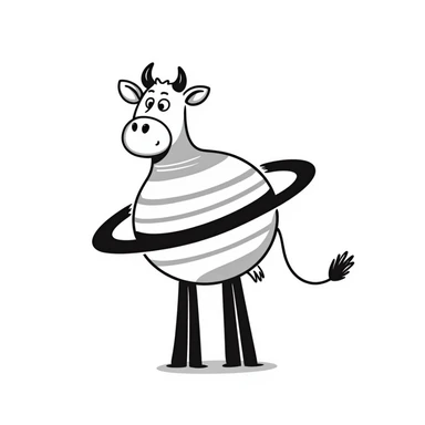 a cow with the body of the planet Saturn with visible rings and gigantic human feet, illustrative style sticker