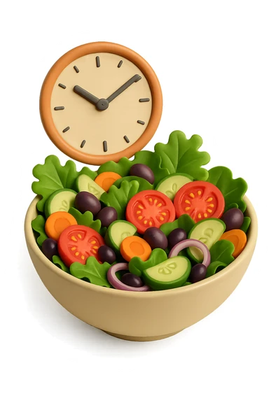 bowl con insalatona e orologio che le fluttua dietro che simboleggia una cena fatta in ritardo in 3d sticker