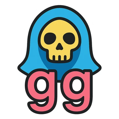 grim reaper head with 'gg' text, color outline icon style sticker