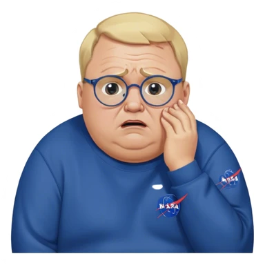angry fat man, crying like a kid,  blond short and hight receding hairline, wearing a dark blue sweatshirt, nasa logo on the sweatshirt, round glasses without frame, 40 years old sticker