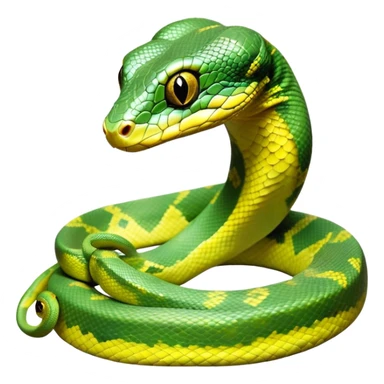 cinematic-green tree python-realistic-full-body-coiled-emoji,-thick-scaled-body-looped-tightly,-intricate-tellow and green-patterned-scales-reflecting-light,-head-tilted-dramatically,-slitted-eyes-staring-calmly,-simplified-yet-realistic-focused-feature sticker