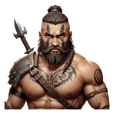 Clash of Clans aesthetic: Cinematic Rugged Barbarian Portrait Emoji, Intense and formidable with a heavily muscled physique, a rugged beard, piercing eyes, and battle-worn armor adorned with tribal markings, his expression fierce and resolute, Simplified yet powerfully detailed features, highly detailed, glowing with a deep, primal energy, high shine, gritty and uncompromising, stylized with an air of raw, untamed power, focused and determined, soft glowing outline, capturing the essence of a barbarian warrior carved by countless battles and poised to lead his clan into epic conflict! sticker