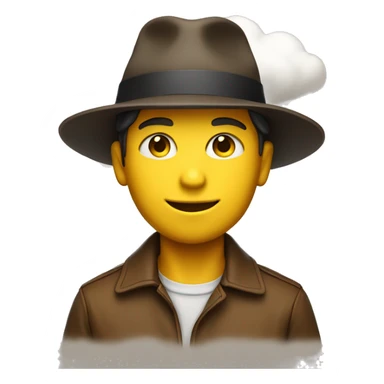 a boy with a yellow face, a smile, a brown hat, a book, and a cloud of thoughts sticker