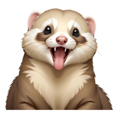 Cinematic Cute Yawning Ferret Portrait Emoji, Head tilted slightly with an exaggerated, wide-open yawn, showcasing a long, flexible body with a plush coat in soft brown and cream, droopy, drowsy eyes, and a relaxed expression, Simplified yet irresistibly endearing features, highly detailed, glowing with a soft, cozy natural glow, high shine, relaxed yet expressive, stylized with a dash of whimsical charm, soft glowing outline, capturing the essence of a sleepy yet affectionate ferret that seems ready to curl up for a nap! sticker