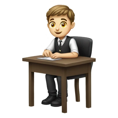European schoolboy sitting at desk, working at computer sticker
