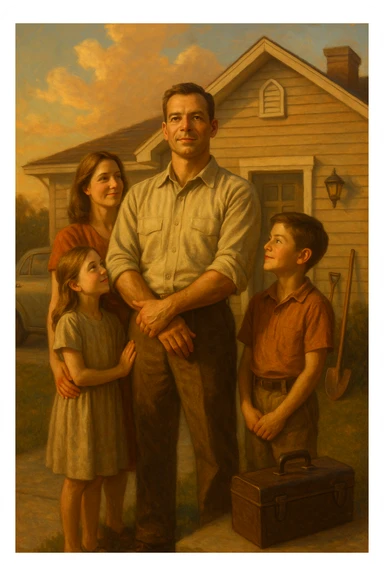 Uomo tra i 35 e i 45 anni, in piedi con postura fiera davanti alla sua casa, circondato dalla famiglia: moglie e figli lo guardano con rispetto e affetto. Indossa abiti semplici ma ordinati, simbolo di lavoro e stabilità (camicia, pantaloni, magari una cassetta degli attrezzi o una valigetta vicino). Sullo sfondo elementi che richiamano i suoi ruoli: casa ordinata, auto familiare, strumenti di lavoro, simboli di protezione e presenza. Espressione serena, forte ma accogliente. Colori caldi, luce naturale del tramonto. Stile realistico, atmosfera rassicurante e simbolica sticker