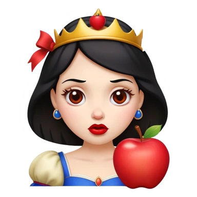 Cinematic Funny Snow White Portrait Emoji, Holding an apple with a suspicious expression, one eyebrow raised, lips pursed as if questioning her life choices, a hilariously relatable fairy tale moment! sticker