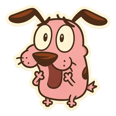 Courage the Cowardly Dog emoji, surprised expression, pink fur, floppy ears, cartoon style sticker