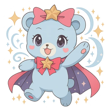 Add magical sparkles around the chibi magical bear. Keep the image with no background. sticker