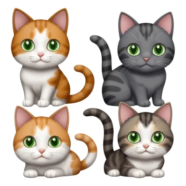 4 different coloured small cats including a dark grey and white, and a patchy calico, and a brown tabby and white,  and a completely solid dark grey with green eyes and only white paws sticker