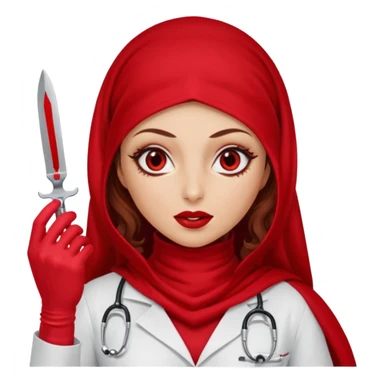 Lilith scalpel in hand, evil surgeon outfit.  She has red eyes. She has dark brown curly hair. Hair is long . Wears sexy doctor outfit with red gloves. Cover, neck and mouth with Muslim red burka sticker