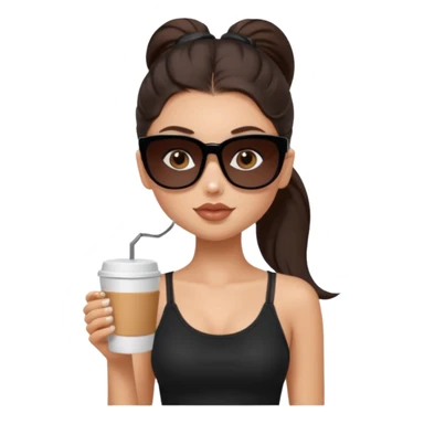 generate a pretty fair bratz girl with dark brown eyes, dark brown eyes tied into a slick back ponytail, thin brown sunglasses. Wearing a black cami top and drinking coffee sticker