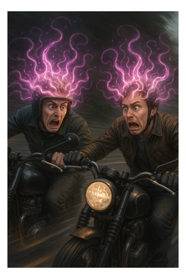 motociclisti spaventati perchè stanno per avere incidente a causa dell'infezione Toxoplasma che altera le loro menti sticker