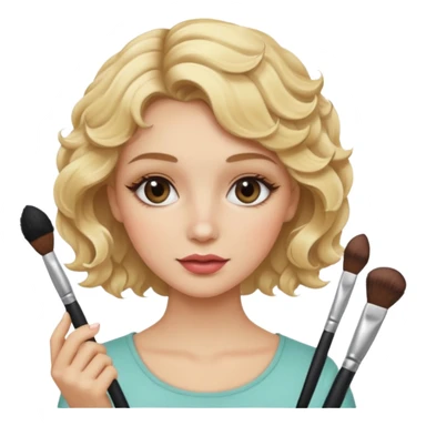 Blonde pretty girl with slightly Curly hair holding makeup brushes applying them to her face  sticker
