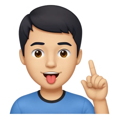 "Create a playful emoji of a young man with short black hair, wearing a blue shirt. He is winking with one eye, sticking out his tongue dramatically, and pointing to his forehead with one hand in a cheeky gesture.
 sticker