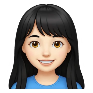 pretty white girl with long black hair and thick bangs, cheerful and cute, emoji style sticker