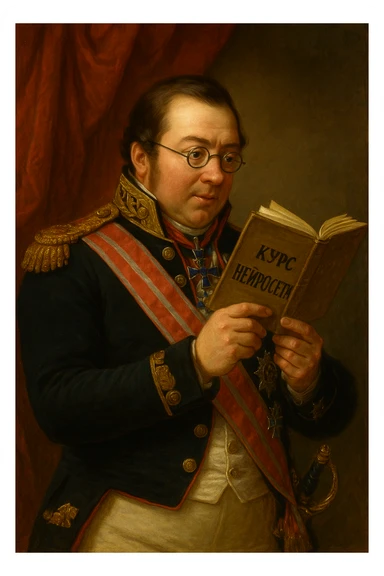 Павел Николаевич Демидов заинтересовано изучает в руках книгу на которой написано Курс Нейросети рисованный стиль sticker