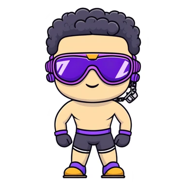 shirtless male athlete with white skin and moderately curly black hair on top with shaved sides, wearing ski goggles with purple frames/outline and very dark heavily tinted black lenses that completely hide the eyes, and a simple plain black chain necklace, no earrings sticker
