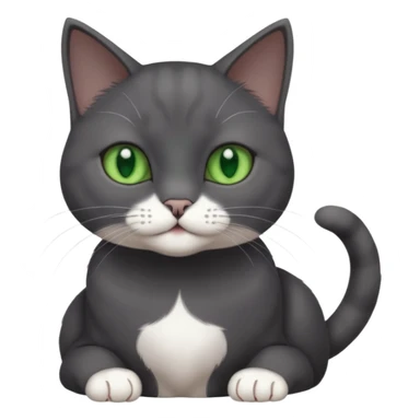 beautiful female solid dark grey cat with green eyes, white toes/paws and white patch on her chest playing sticker