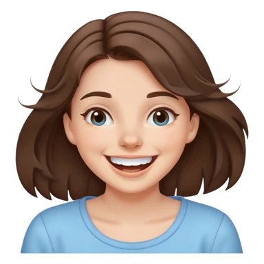 brunette girl with brown hair wearing pastel blue clothes laughing joyfully sticker