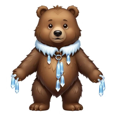 Natural looking brown bear walking on four paws, wearing a thick collar made of clear ice with sharp icicles dangling from it, like a large dog collar shape sticker