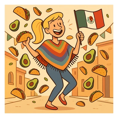 playful cartoon of a tall blonde woman, colorful poncho, smiling, holding taco and avocado, waving Mexico flag, dancing in the street, surrounded by tacos and avocados, street party scene sticker