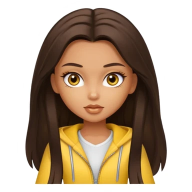 Bratz Sasha Dark brown long hair hazel eyes, yellow outfit sticker