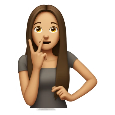 brown-haired woman with straighted long hair,  shows her index finger in front of her mouth sticker