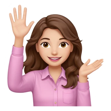 girl with wavy long brown hair, brown eyes, light to medium complexion, long lashes, light pink lipstick, smiling, wearing light pink shirt, waving hello sticker