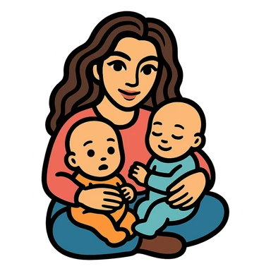 Create a variation of a woman with two infants, where one infant has a smile and closed eyes. The woman has detailed facial features, expressive eyes and lips with shadows and highlights, and long wavy hair. The style is icon-color-outlined with a retro sticker vibe. The background should be transparent. sticker