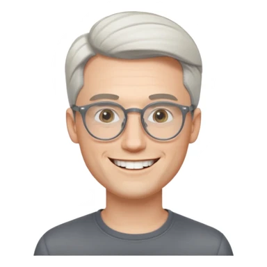 30 yr old pale white man, white/grey side swept stylish hair, round glasses, big smile, white teeth, handsome, longer hair, thin glasses,  smooth forehead, open collar, trendy sticker