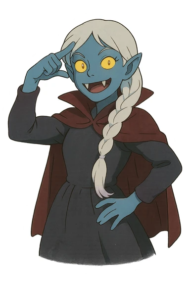 1 female, single long white braid with lavender tips. Vampire with blue skin and glowing gold yellow eyes. Meme pose sticker