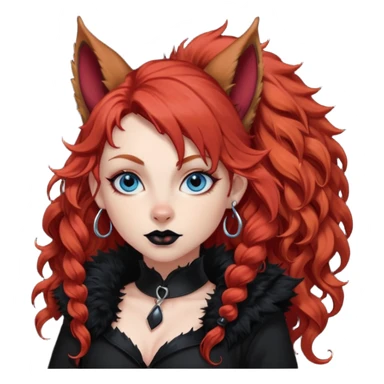  long curly red hair (darker), red pointed ears with black trim, black goth outfits, body and face human, blue eyes, more pointy chin, black lipstick, big fluffy red squirrel tail with black tips, like the attached photo with more outfits and poses,  sticker