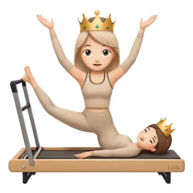 Cute sticker of a girl doing a Pilates stretch on a reformer while holding a cup of coffee in one hand. Wearing beige activewear and a small crown. Kawaii style, happy expression, vector, white outline, transparent background. sticker