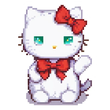 Hello Kitty waving, white cat, red bow, minimal details sticker