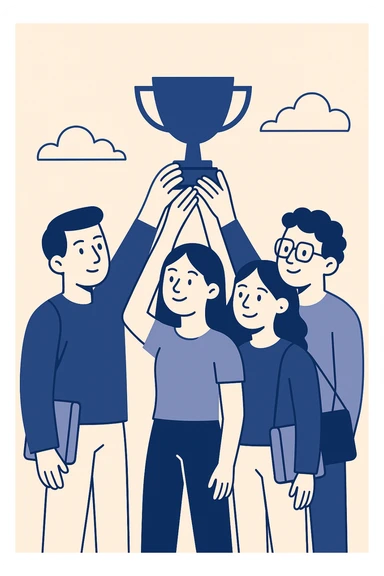 quatre étudiants soulèvent un trophée, ambiance chaleureuse, style flat design moderne, clean lines, minimalistic, modern color palette sticker