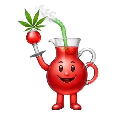 Kool-Aid Man pitcher character with legs and arms holding a bong and a prominent cannabis leaf sticker