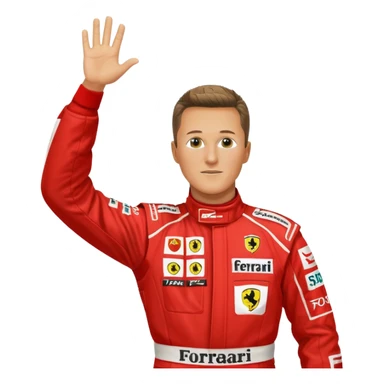 Michael Schumacher celebrating in Ferrari 2004 racing suit, arms raised, red suit with Ferrari and sponsor logos, emoji style sticker