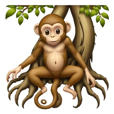 A creature with realistic human feet at the bottom, tree roots forming the legs, and a cartoon monkey face on top sticker