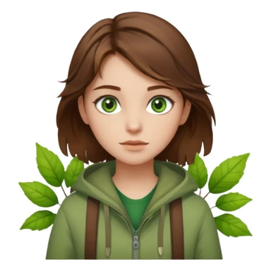 A girl with slightly tousled brown hair and green eyes, the color of light white and part of nature's  She is a nature girl. Cinematic Realistic sticker
