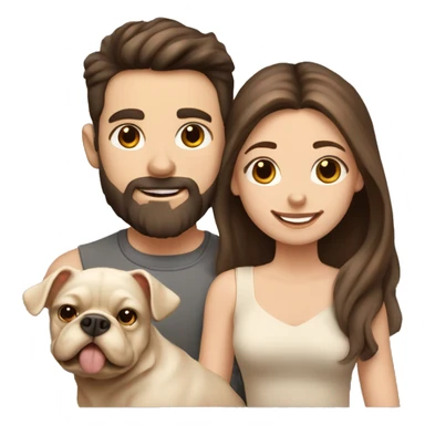 Brunette happy couple boy with beard and girl  with long hair with one cute beige French bull dog  sticker