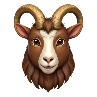 Cinematic Noble Brown Goat Portrait Emoji, Poised and regal, with a sturdy, agile build and a smooth, well-groomed rich brown fur accented by gracefully curved horns, deep-set soulful dark eyes, Simplified yet sharp and sophisticated features, highly detailed, glowing with a warm, dignified glow, high shine, intelligent and spirited, stylized with an air of rustic elegance, focused and attentive, soft glowing outline, capturing the essence of a watchful and confident goat, so majestic it feels as though it could leap out of the screen with effortless authority! sticker