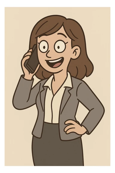 corporate girl, medium length straight wavy hair, cartoon style, talking on phone, cheerful, plain background sticker