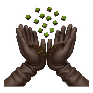 A 3D cartoon pair of gloved hands holding rich dark soil, small bits falling between fingers, bright garden background, soft light, Memoji-style realism. sticker