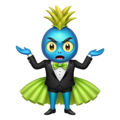 Angry blue banana fruit wearing a sparkly lime green tuxedo and tutu sticker
